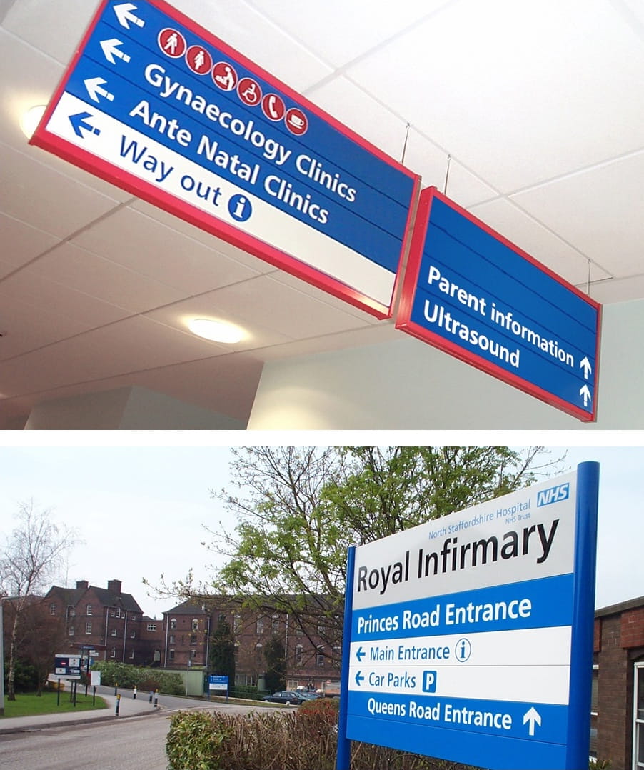 Hospital wayfinding signage in a UK NHS site