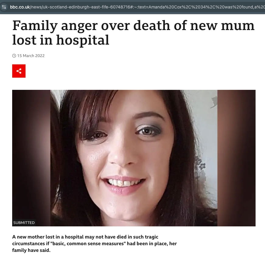 BBC News report on the death of new mother Amanda Cox after getting lost in hospital
