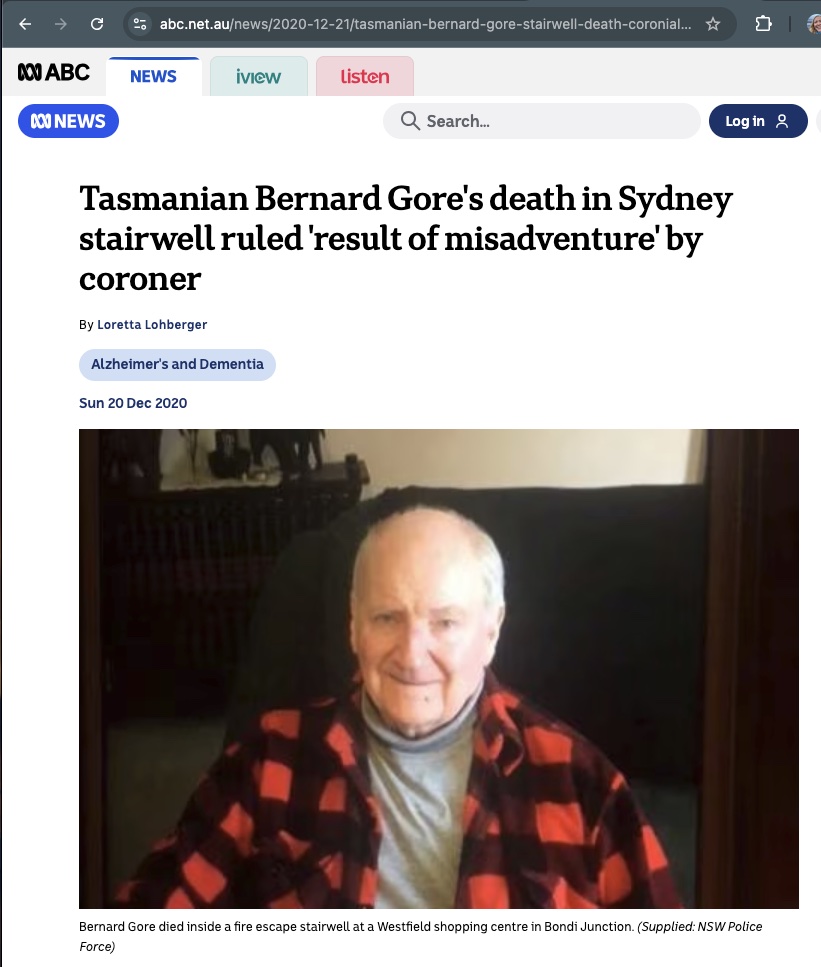 ABC News report on the death of Bernard Gore after getting lost in a shopping centre stairwell